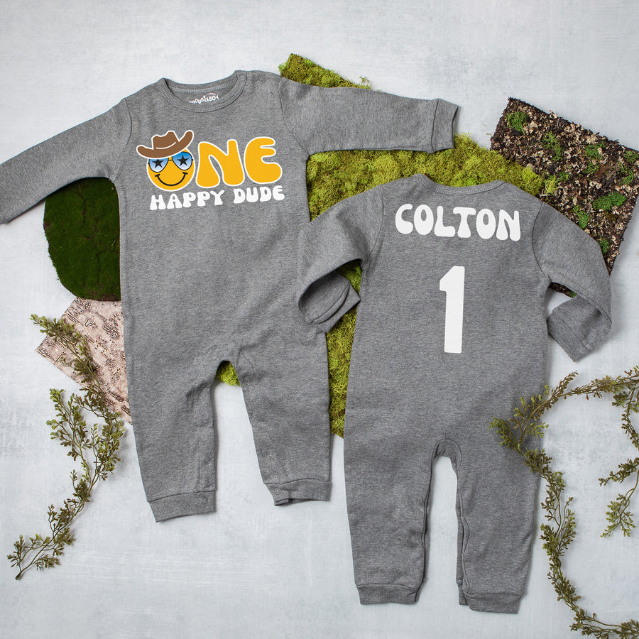 "One Happy Dude" Long Sleeve First Birthday Romper
