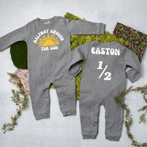 "Halfway Around the Sun" Personalized 1/2 Birthday Long Sleeve Romper