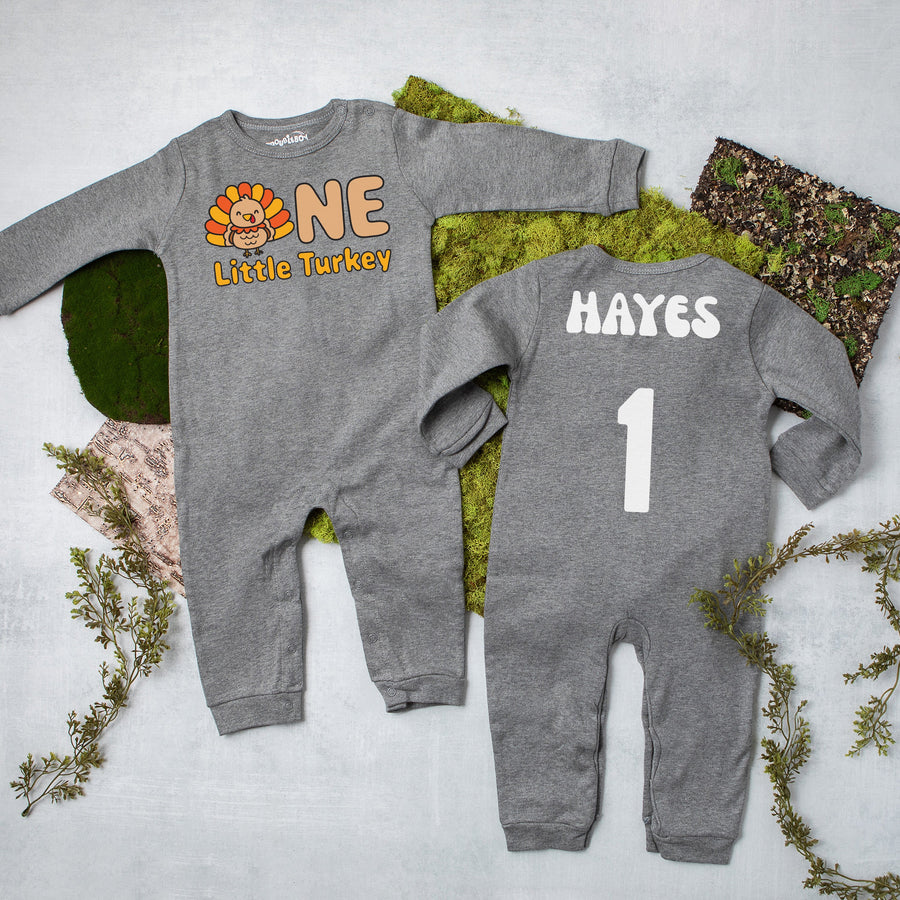 "One Little Turkey" Long-Sleeved Personalized 1st Birthday Romper