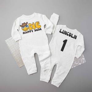 "One Happy Dude" Long Sleeve First Birthday Romper