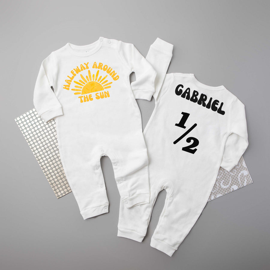 "Halfway Around the Sun" Personalized 1/2 Birthday Long Sleeve Romper