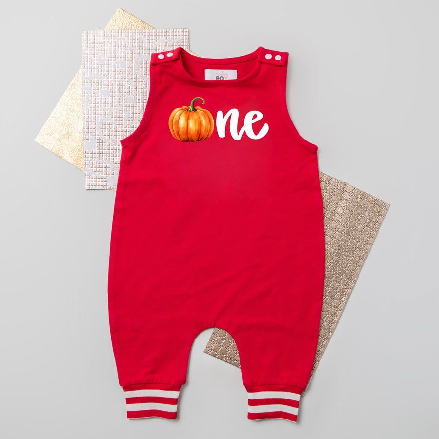 "One Pumpkin" Personalized 1st Birthday Romper with Striped Cuff