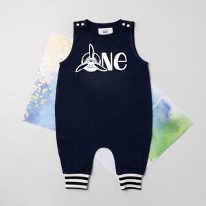 ONE Propeller Airplane Themed First Birthday Romper with Striped Cuff