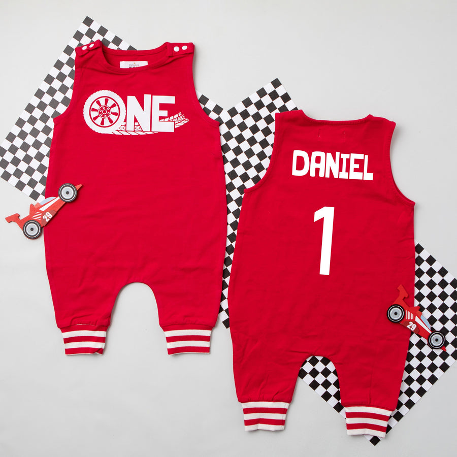 "One" Racecar First Birthday Romper with Striped Cuff