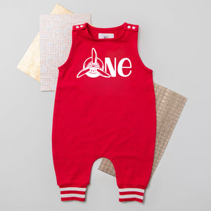 ONE Propeller Airplane Themed First Birthday Romper with Striped Cuff