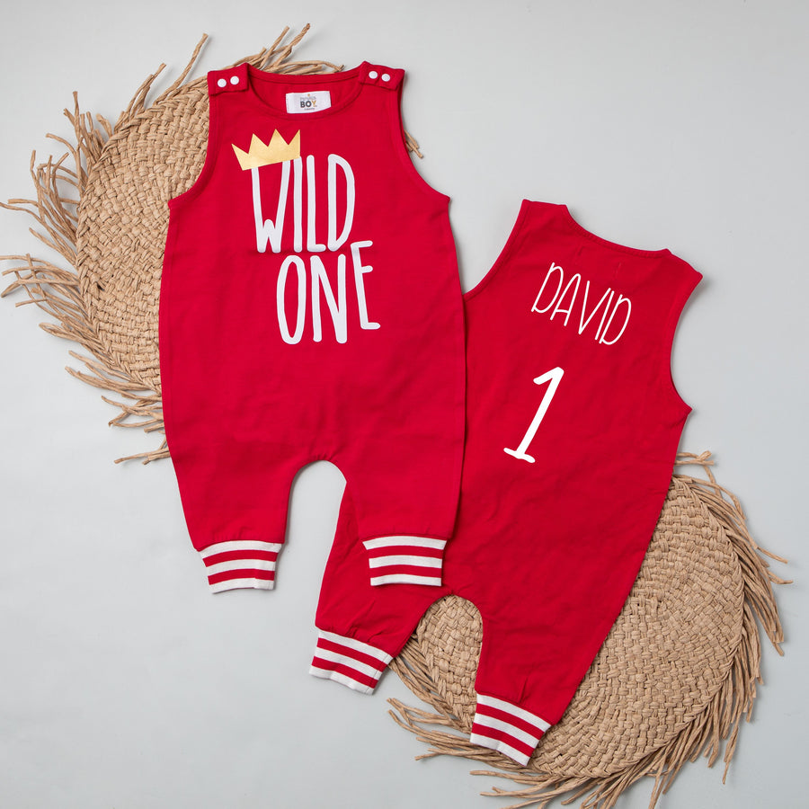 Wild One First Birthday Romper with Striped Cuff