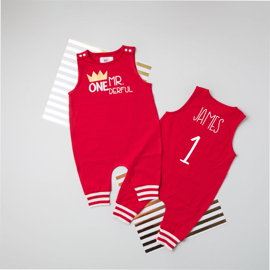 Mr. Onederful First Birthday Romper with Striped Cuff