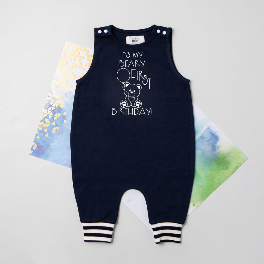 "BEARY FIRST BIRTHDAY" Summer Themed First Birthday Romper with Striped Cuff