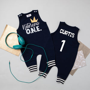 "Notorious One" First Birthday Personalized Romper with Striped Cuff