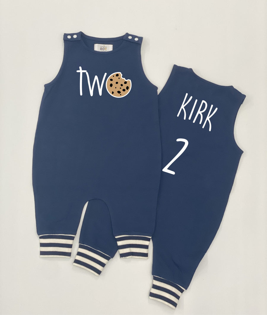 "Two Cookie" 2nd Birthday Personalized Romper with Striped Cuff