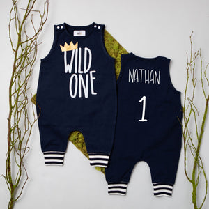 Wild One First Birthday Romper with Striped Cuff