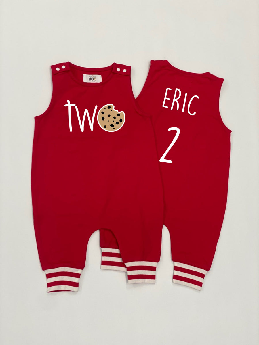 "Two Cookie" 2nd Birthday Personalized Romper with Striped Cuff