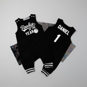 "Rookie of the Year" Basketball Romper with Striped Cuff