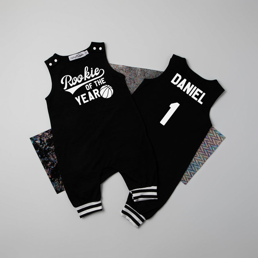 "Rookie of the Year" Basketball Romper with Striped Cuff