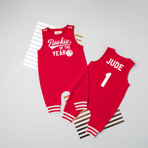 "Rookie of the Year" Basketball Romper with Striped Cuff