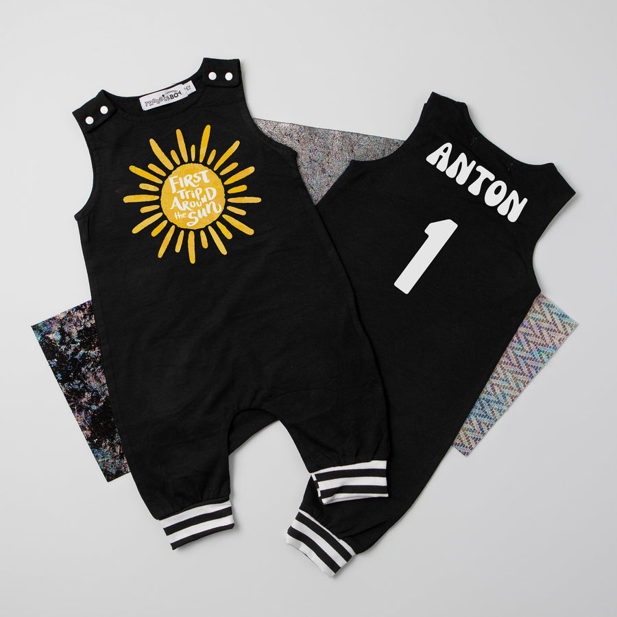 "First Trip Around the Sun" Personalized 1st Birthday Romper with Striped Cuff