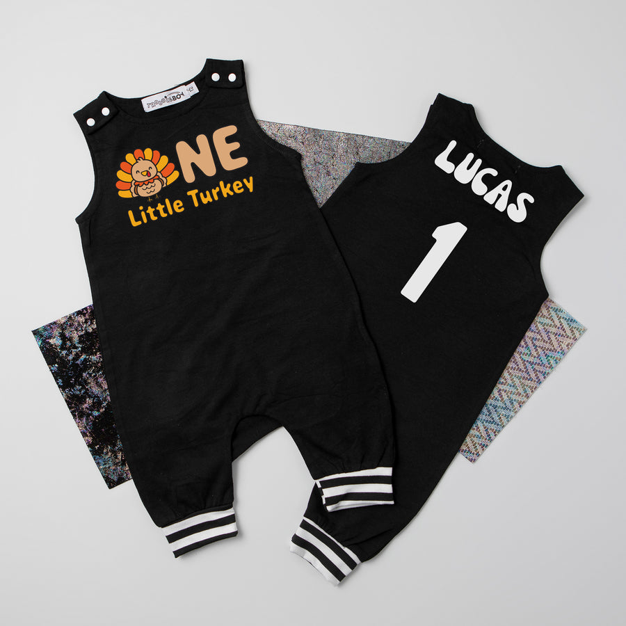 "One Little Turkey" Personalized 1st Birthday Romper with Striped Cuff for Thanksgiving