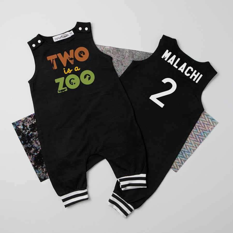 "Two is a Zoo" Personalized 2nd Birthday Romper with Striped Cuff