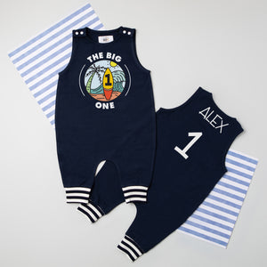 "The Big One" Surf-themed Personalized 1st Birthday Romper with Striped Cuff