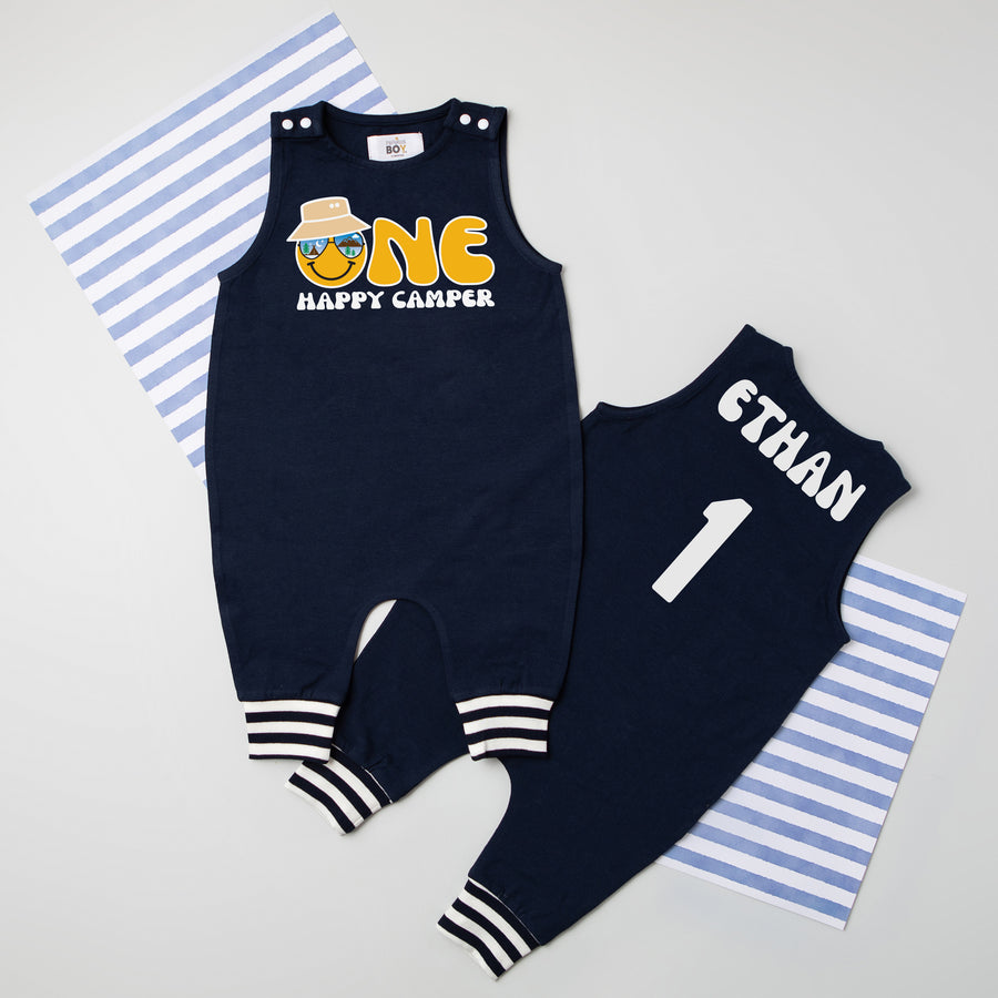 "One Happy Camper" Personalized 1st Birthday Romper with Striped Cuff