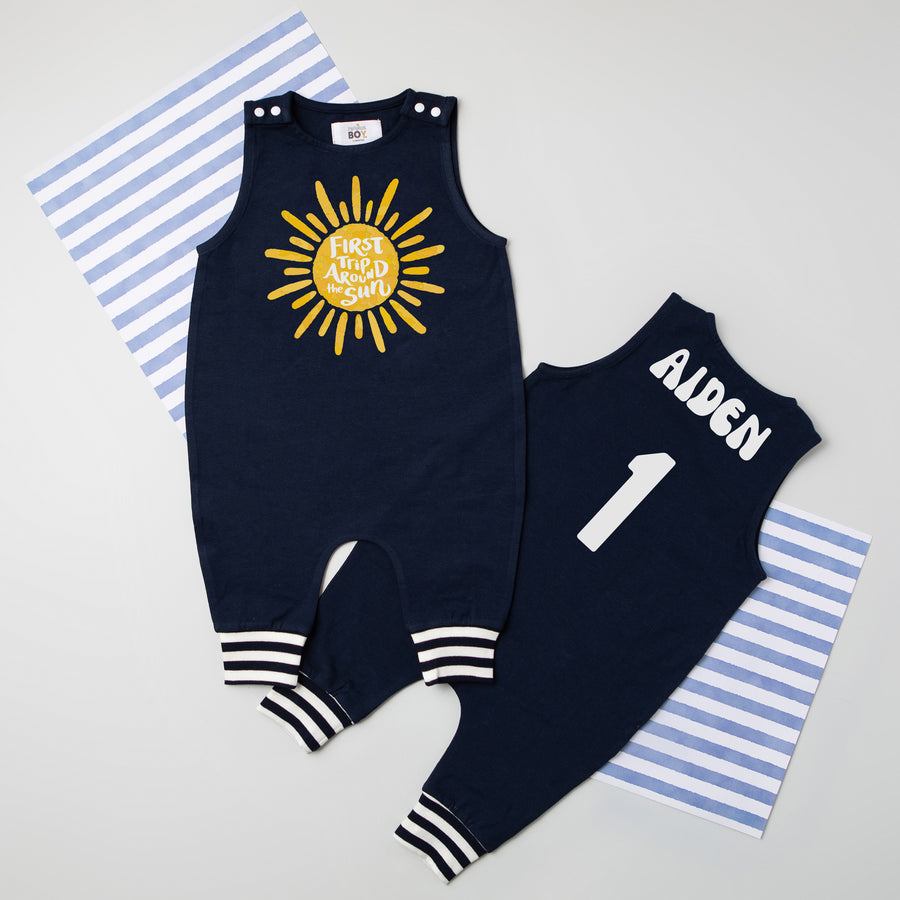 "First Trip Around the Sun" Personalized 1st Birthday Romper with Striped Cuff