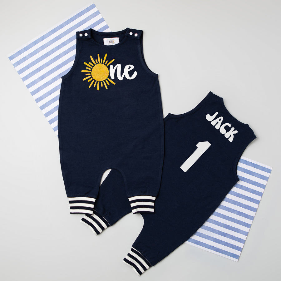 "One Sun" Gold Personalized 1st Birthday Romper with Striped Cuff