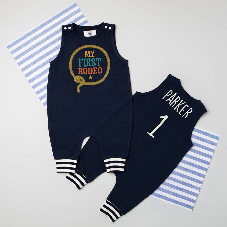 "My First Rodeo" Personalized 1st Birthday Romper with Striped Cuff