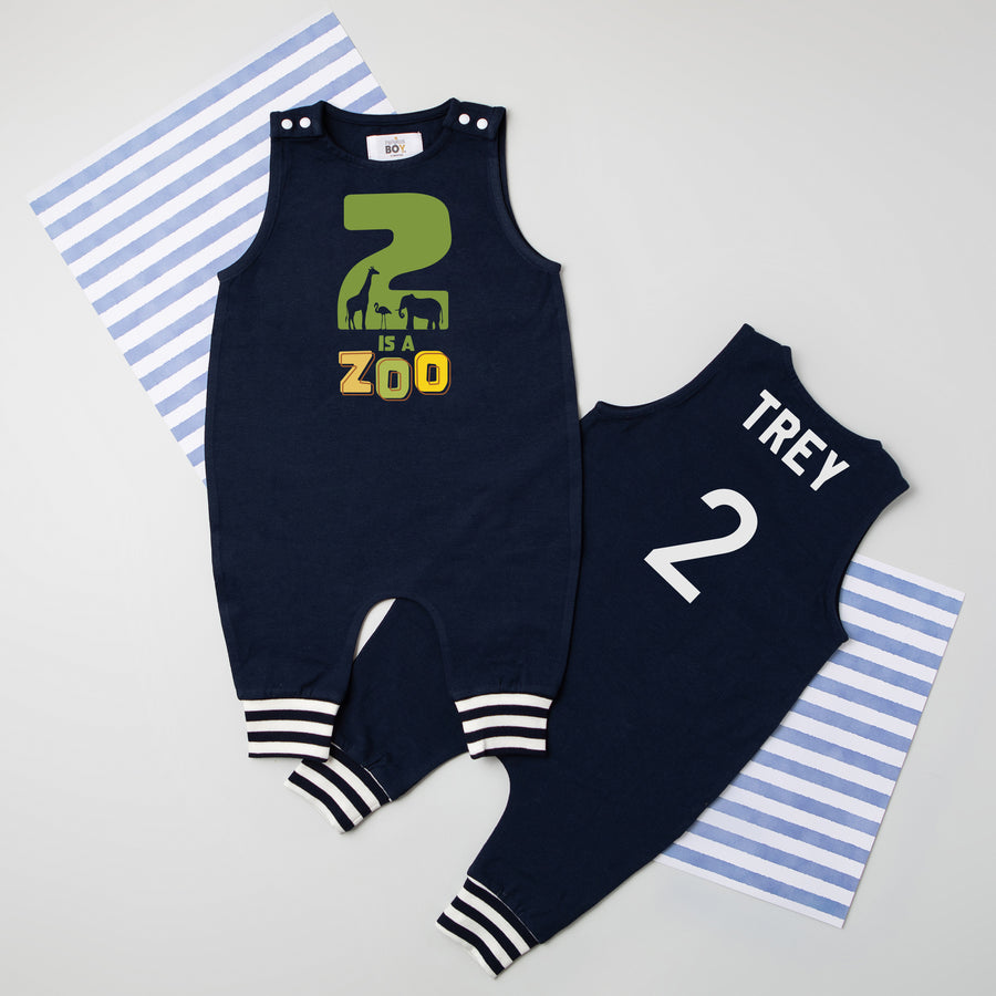 "2 is a Zoo" Personalized 2nd Birthday Romper with Striped Cuff
