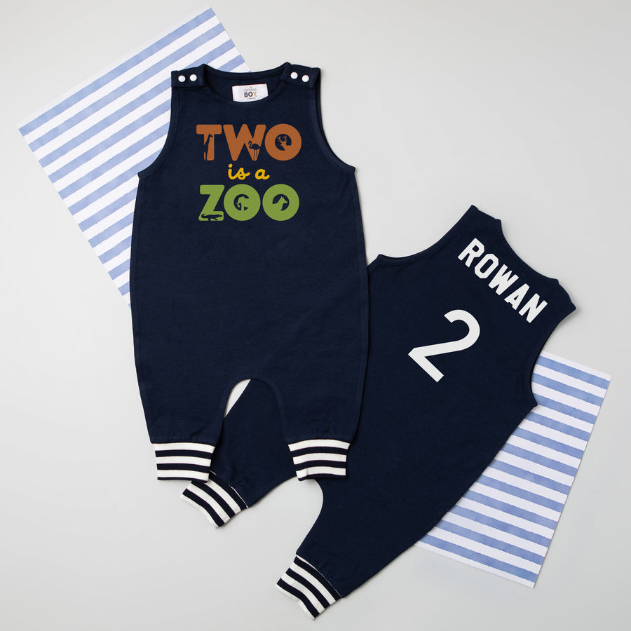 "Two is a Zoo" Personalized 2nd Birthday Romper with Striped Cuff