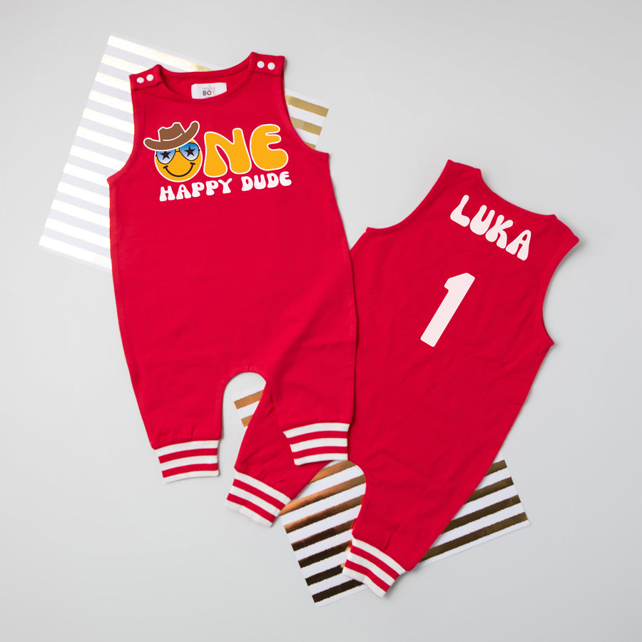 "One Happy Dude" Personalized 1st Birthday Romper with Striped Cuff