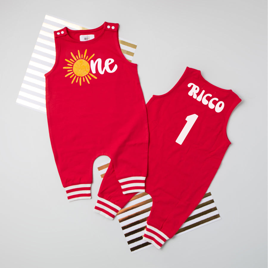 "One Sun" Gold Personalized 1st Birthday Romper with Striped Cuff