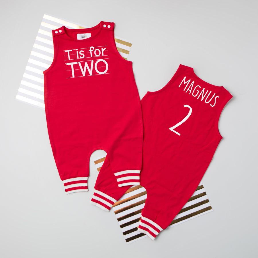 "T is for Two" 2nd Birthday Personalized Romper with Striped Cuff