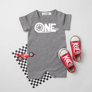 "ONE" Tire Track Racecar Themed First Birthday Personalized Romper with Shorts