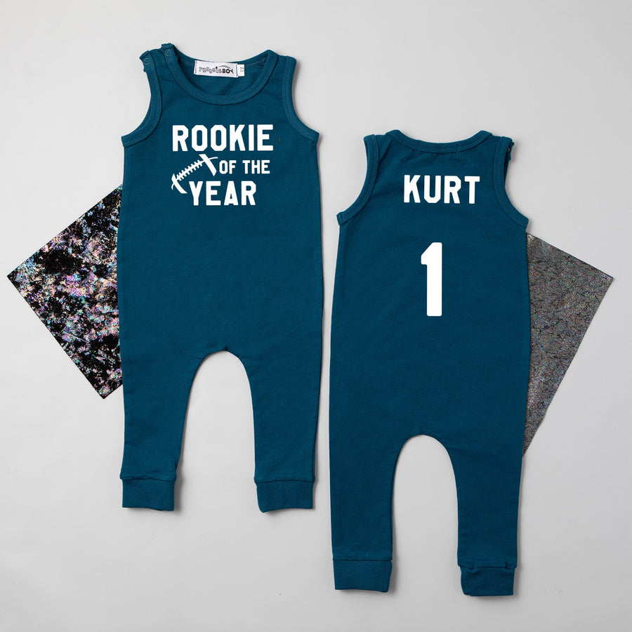 "Rookie of the Year" Football Slim Fit First Birthday Sleeveless Romper