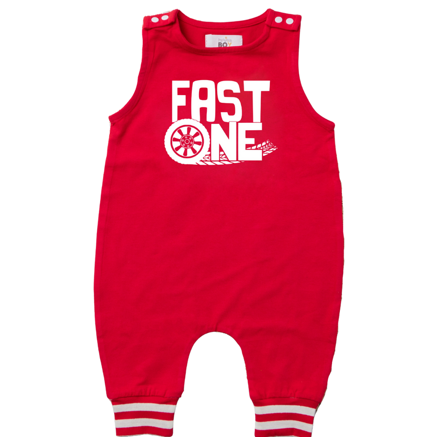 "FAST ONE" Racecar-Themed First Birthday Romper with Striped Cuff