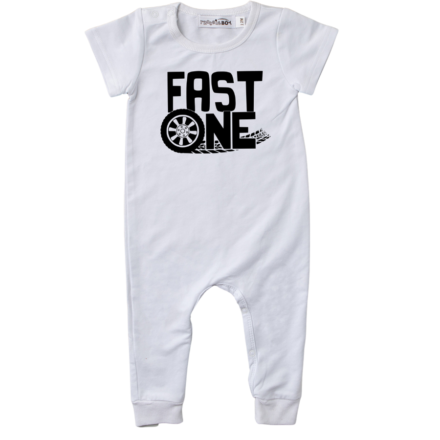"Fast One" Racecar-themed Slim Fit 1st Birthday Short Sleeve Romper