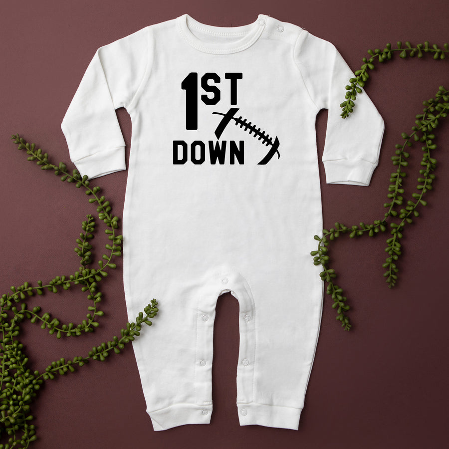 1st Down Football Long Sleeved Personalized Romper
