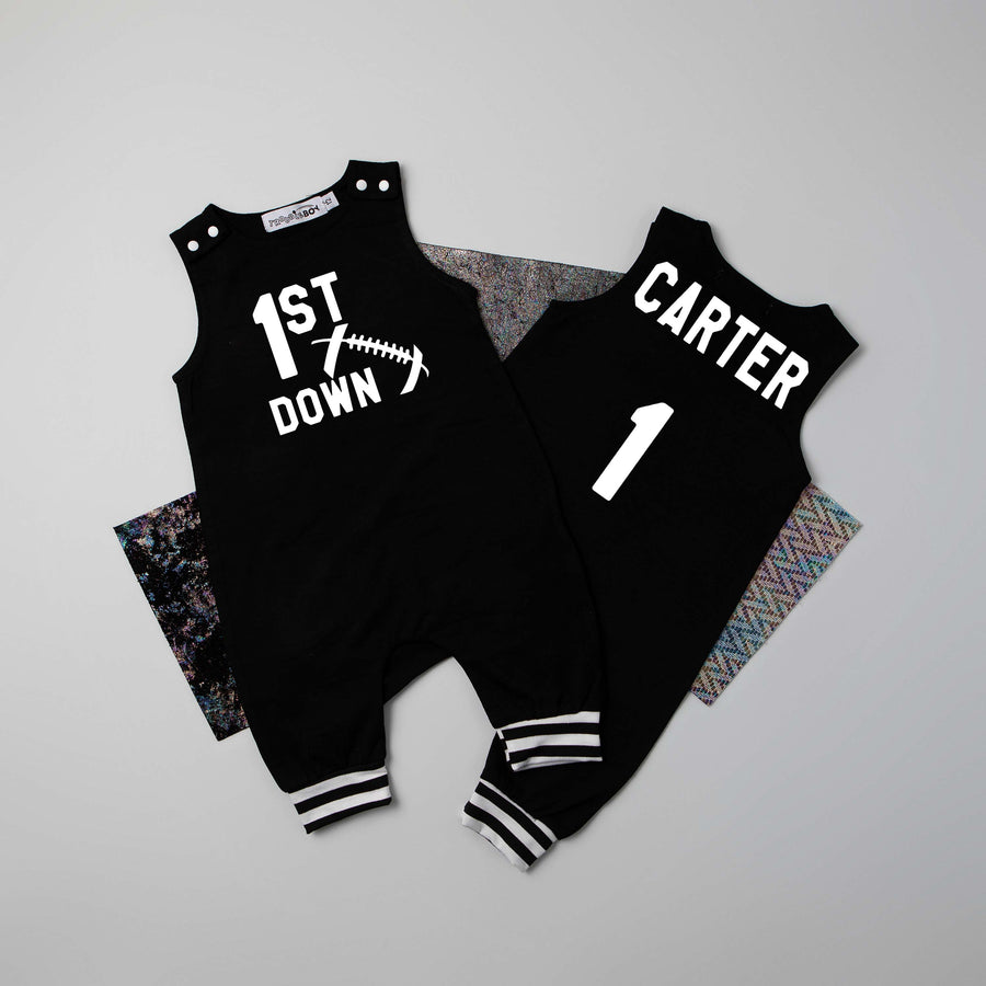 1st Down Football Personalized Striped Cuff Romper