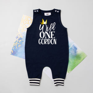 New Black "Wild One" 1st Birthday Romper with Striped Cuff