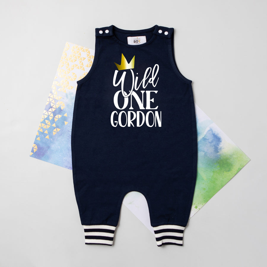 New Black "Wild One" 1st Birthday Romper with Striped Cuff