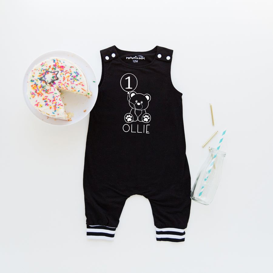 Teddy Balloon First Birthday Romper with Striped Cuff