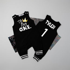 "The Big ONE Crown" Personalized 1st Birthday Romper with Striped Cuff