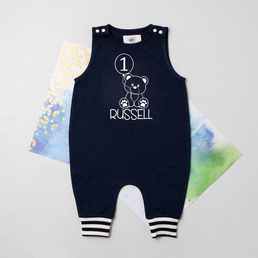 Teddy Balloon First Birthday Romper with Striped Cuff