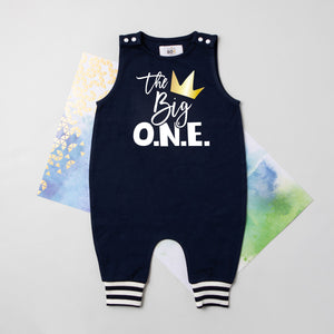 "The Big ONE Crown" Personalized 1st Birthday Romper with Striped Cuff