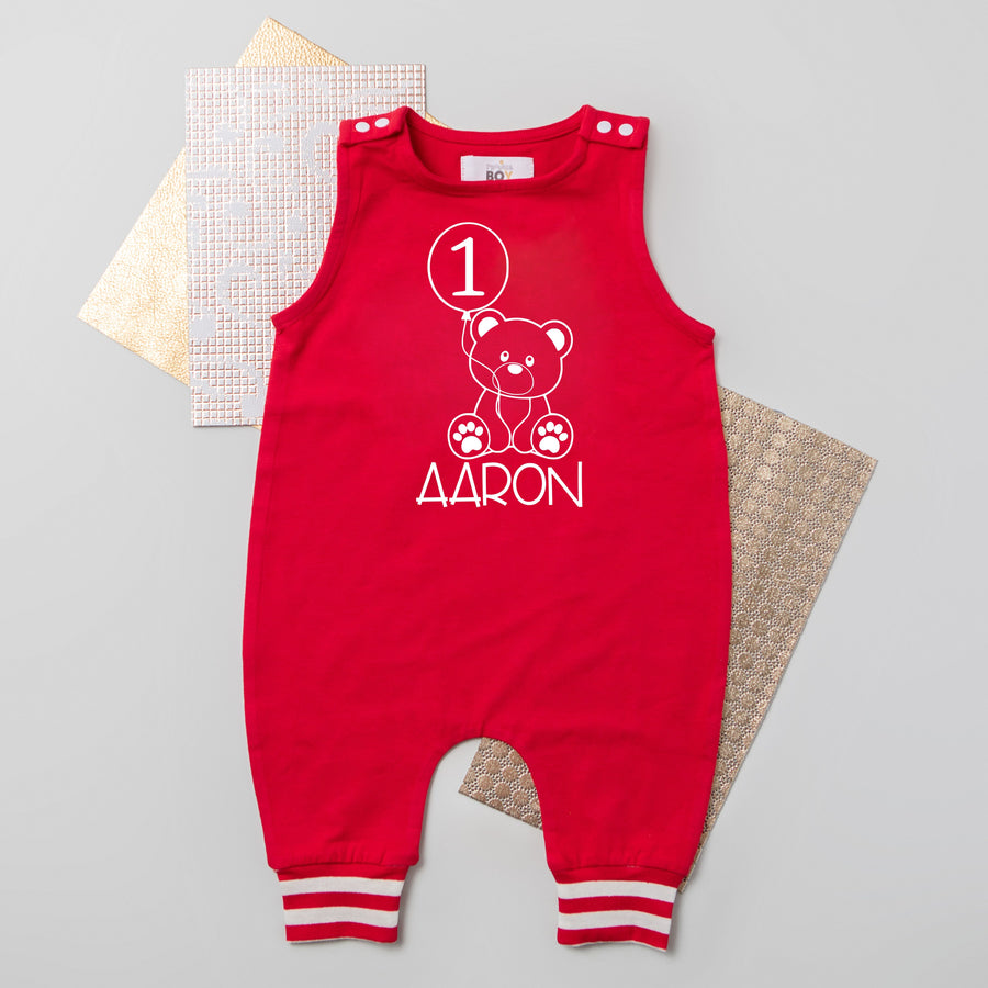 Teddy Bear First Birthday Romper with Striped Cuff