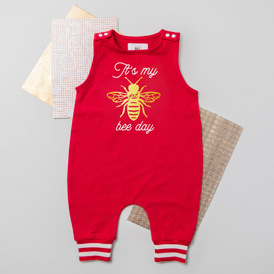 "BEE" Summer Themed First Birthday Romper with Striped Cuff