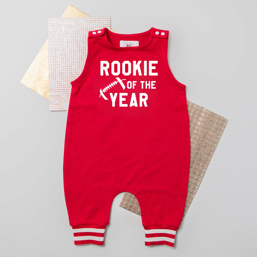 "Rookie of the Year" Football First Birthday Romper with Striped Cuff