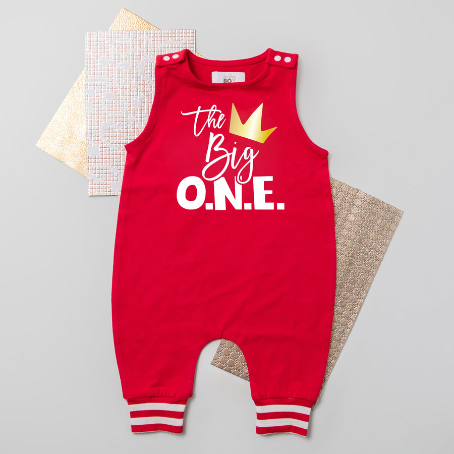 "The Big ONE Crown" Personalized 1st Birthday Romper with Striped Cuff