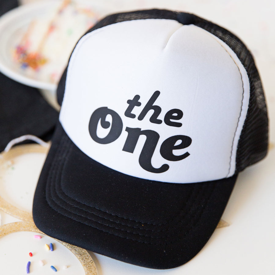 "The One" 1st Birthday Personalized Outfit | Retro Ringed Romper & Trucker Hat