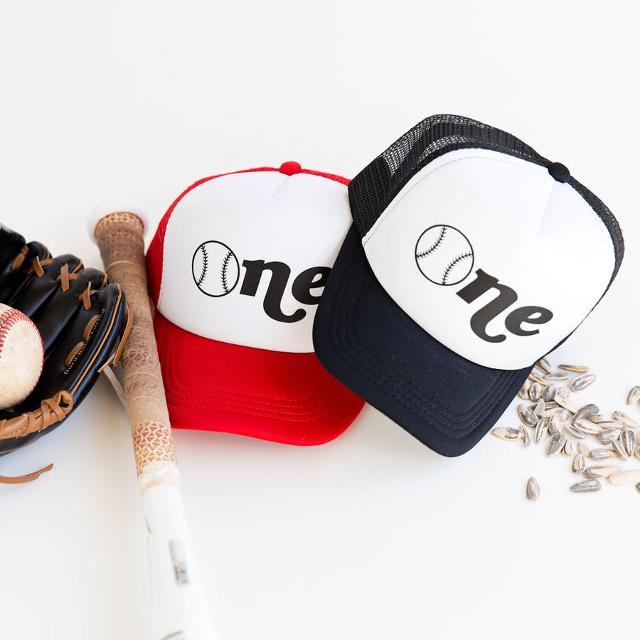 "ONE" Baseball First Birthday Raglan with Hat